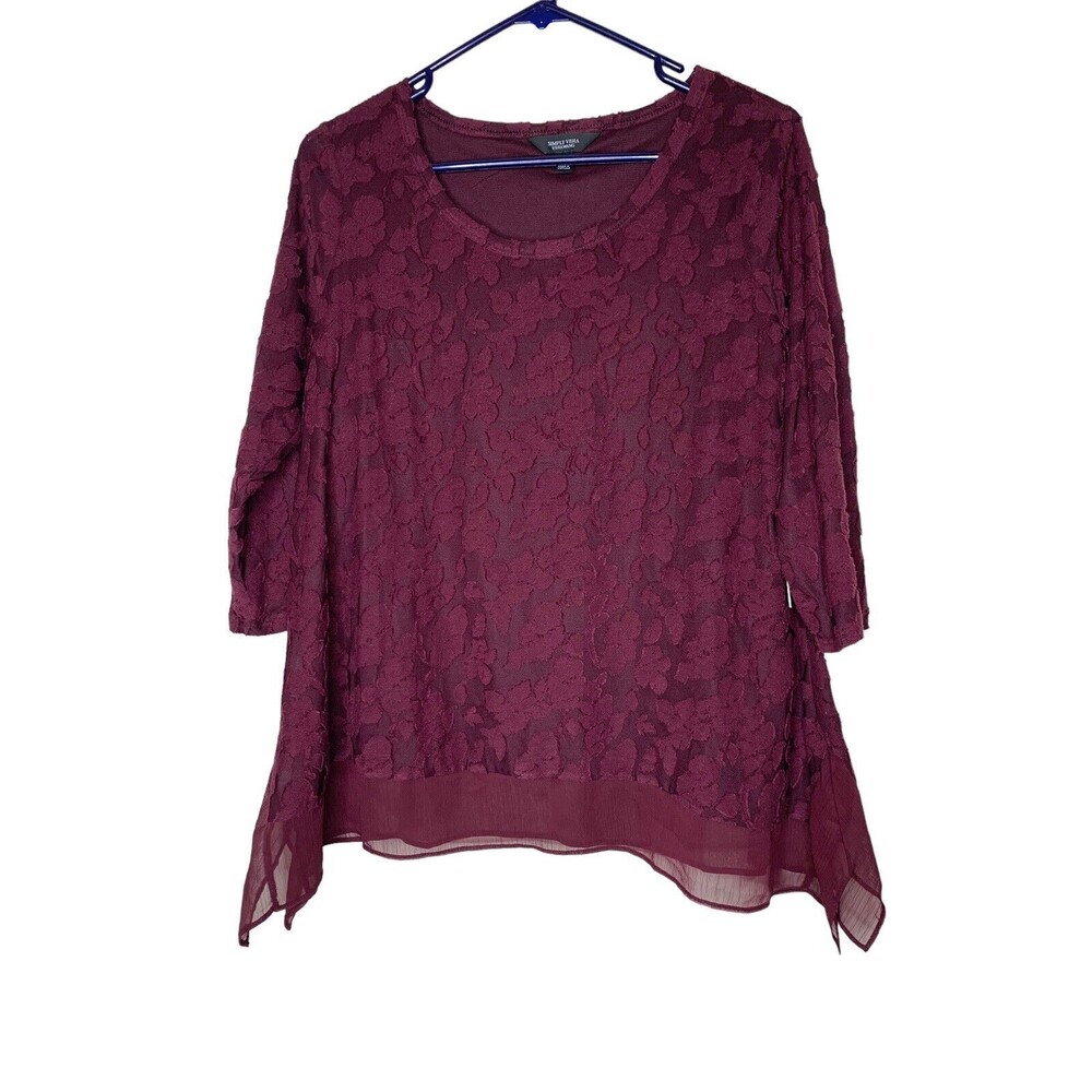 SIMPLY VERA WANG Womens Tunic LAYERED SHIRT BURGUNDY LACE STRETCH FABRIC SIZE PM